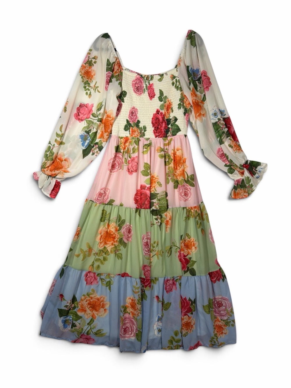 LoveColette Floral Tiered Maxi Dress Large Cottagecore Puff Sleeve